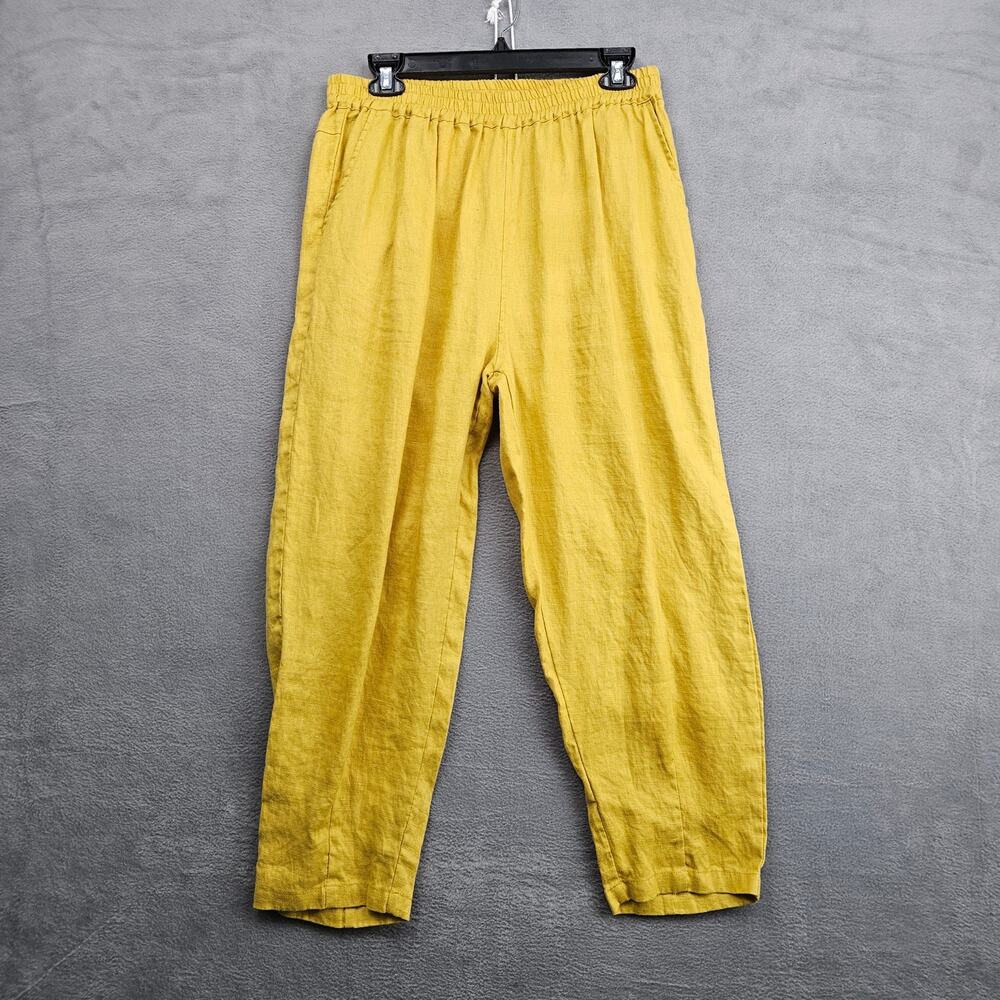 Yellow 100% Linen Pants Women's Large Elastic Waist Relaxed Coastal Grandmother